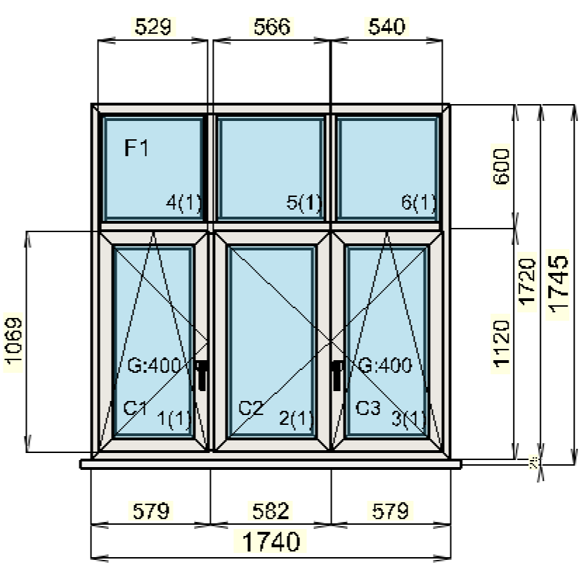 Trojkřídlé okno s rozměry cca 1,7 x 1,7 m (2,9 m2)