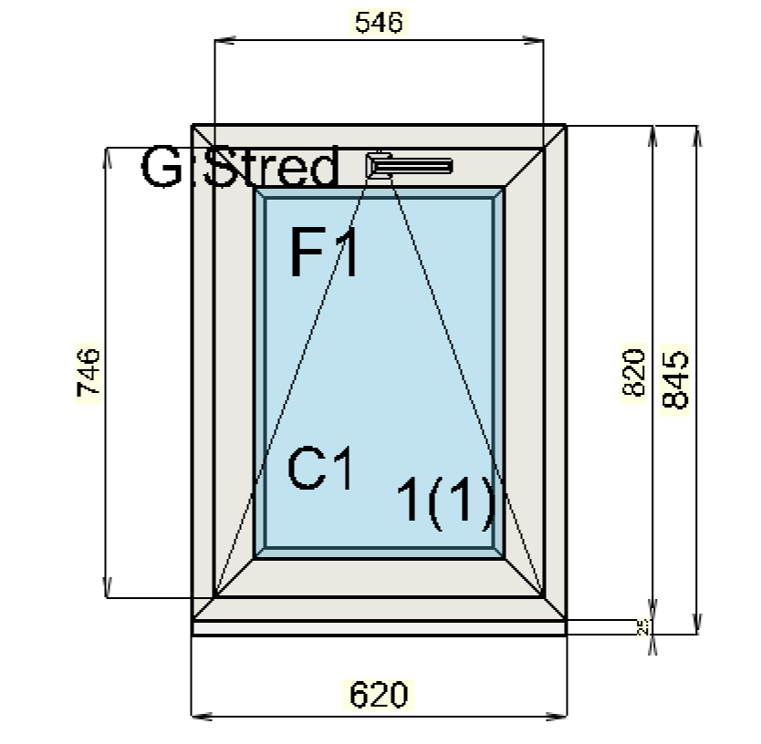 Jednokřídlé okno s rozměry cca 0,8 x 0,6 m (0,5 m2)