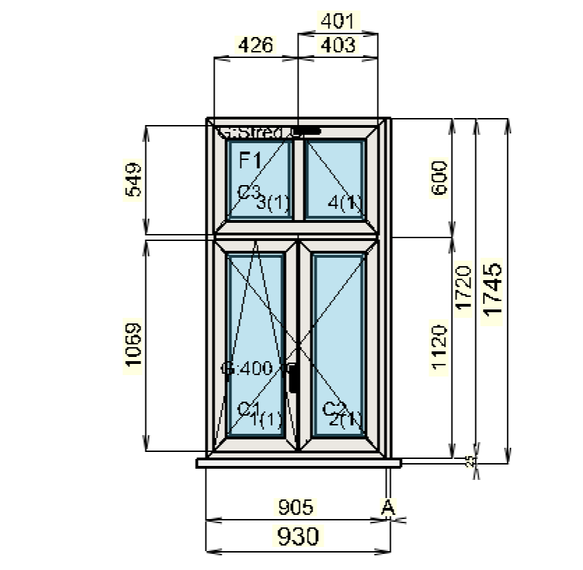 Dvoukřídlé okno s rozměry cca 1,7 x 0,9 m (1,5 m2) s ventilačkou