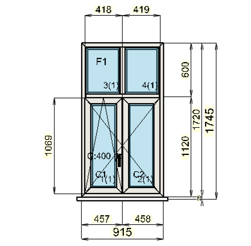 Dvoukřídlé okno s rozměry cca 1,7 x 0,9 m (1,5 m2)