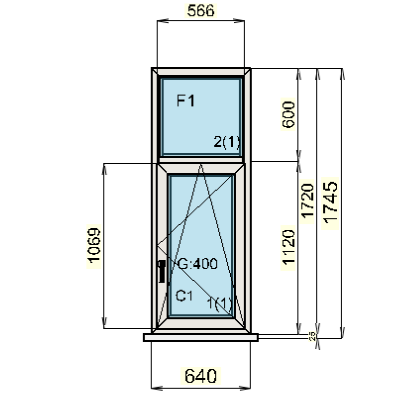 Jednokřídlé okno s rozměry cca 1,7 x 0,6 m (1,1 m2)